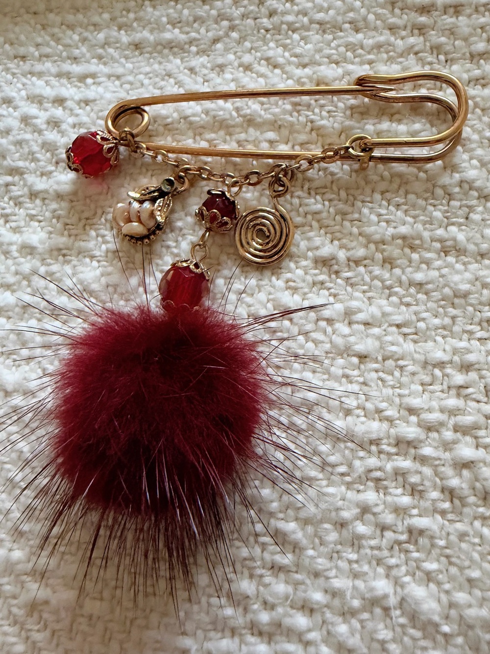 Gold-Tone Sweater Pin Charm Brooch with Burgundy Mink Pom Pom